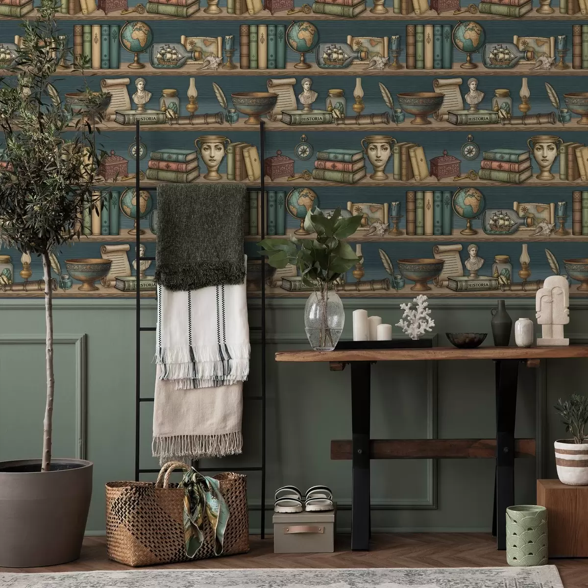 Taustakuva Vintage-hyllyt, joissa on kirjoja, maapallo ja meriaiheisia esineitä a01036