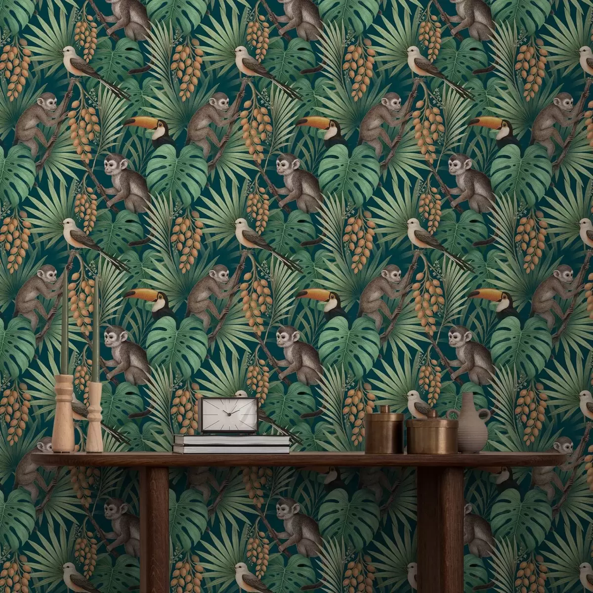 Taustakuva Apinat ja trooppiset linnut tiheässä viidakon lehtikannoksessa a01037