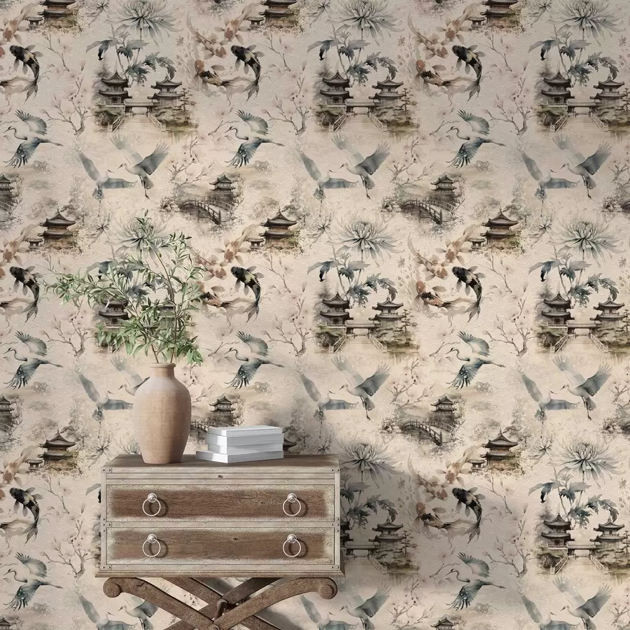 Valokuvatapetti Japanilaiset temppelit, koikarpit ja kurjet pehmeällä taustalla a01040