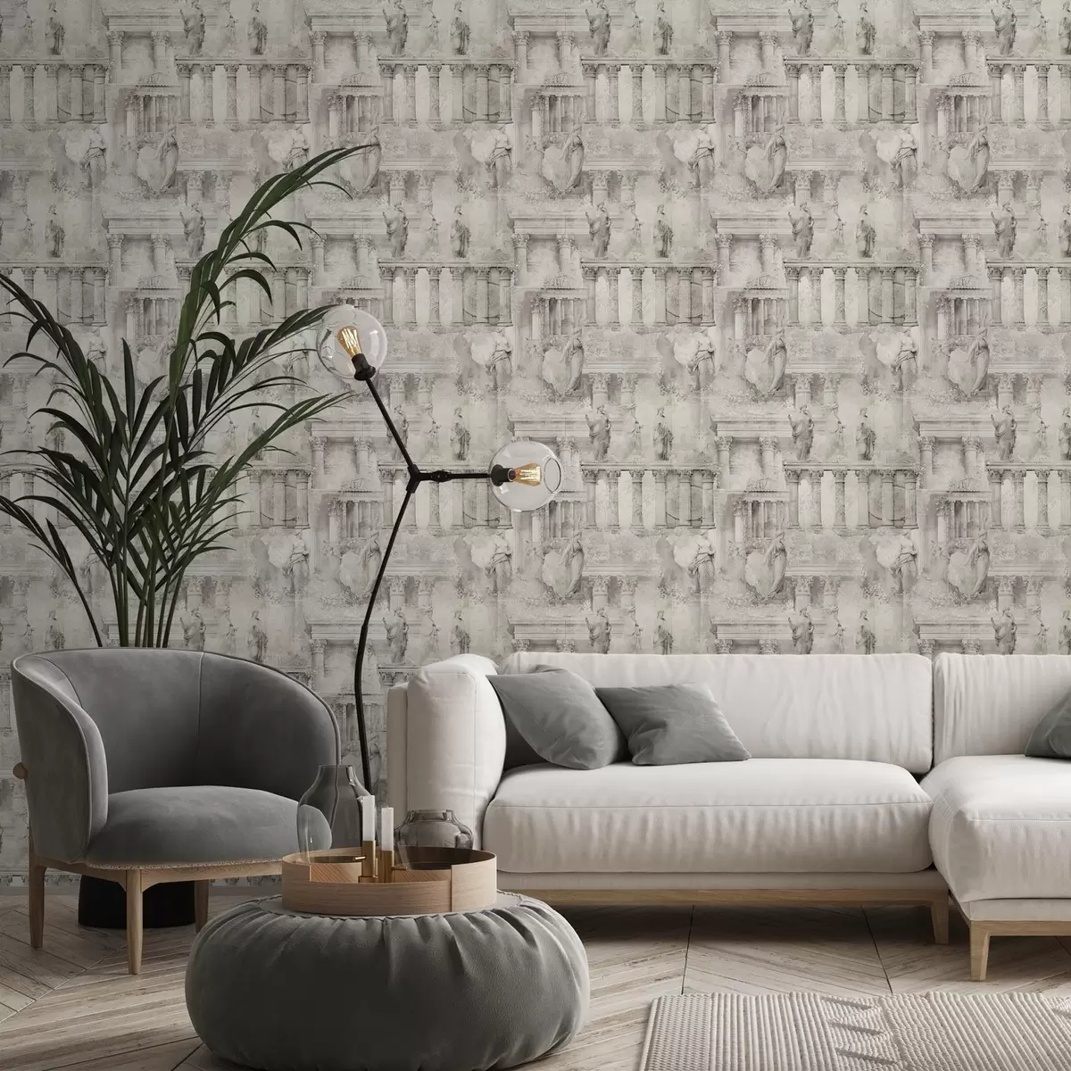 Taustakuva Antiikkiset patsaat ja pylväät pehmeissä beige-harmaissa sävyissä a01041