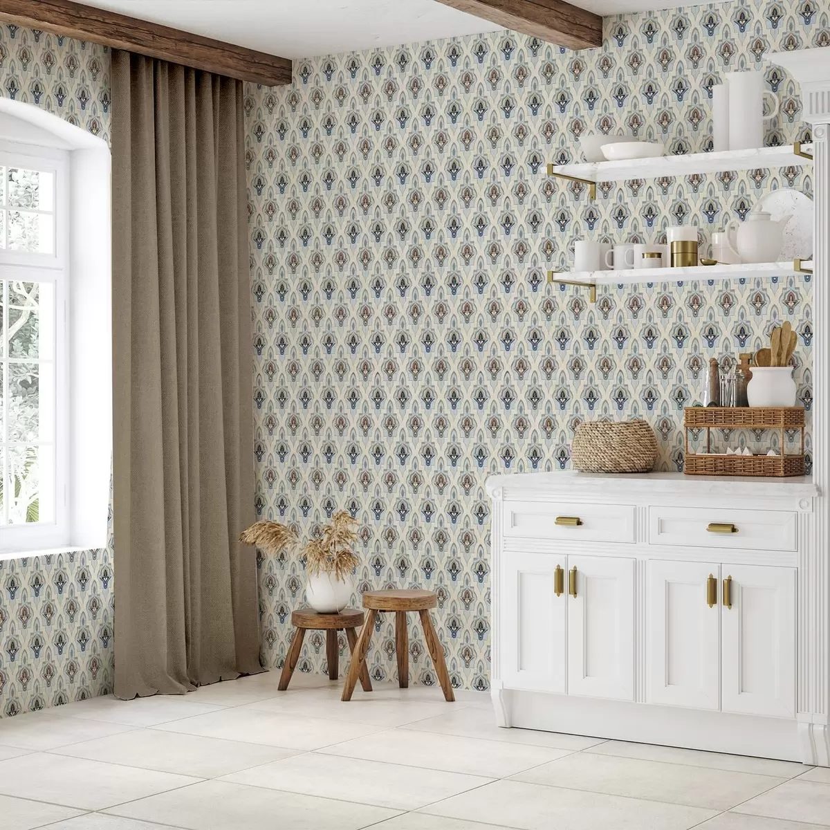 Taustakuva Itämainen kuvio pienistä laatoista sinisen ja hiekan sävyissä a01044