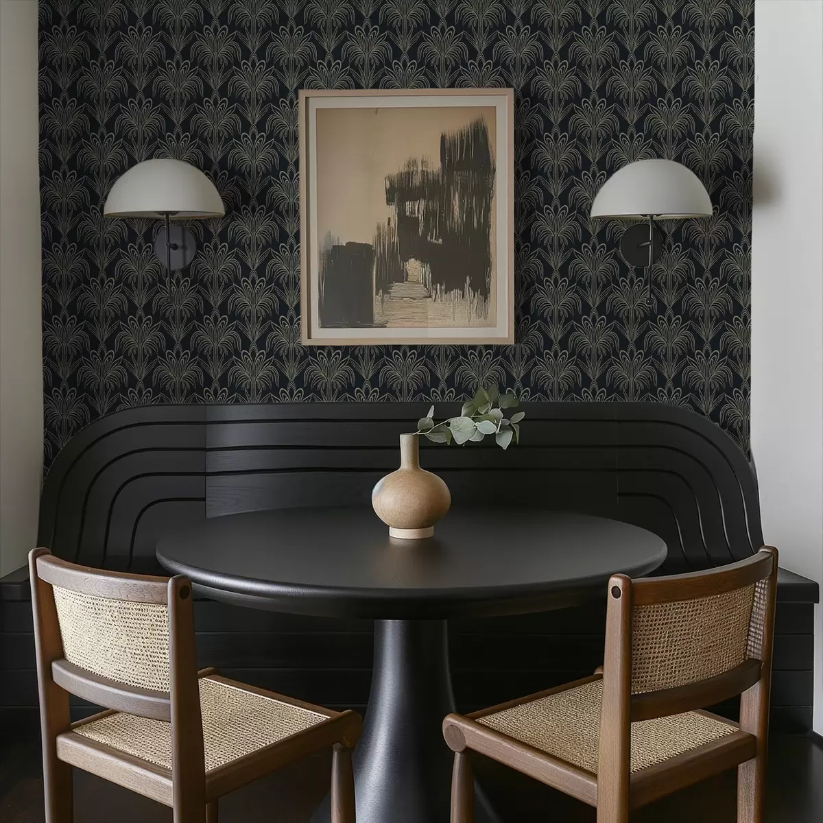 Taustakuva Tumma art deco -koriste tyylitellyillä kasveilla a01065