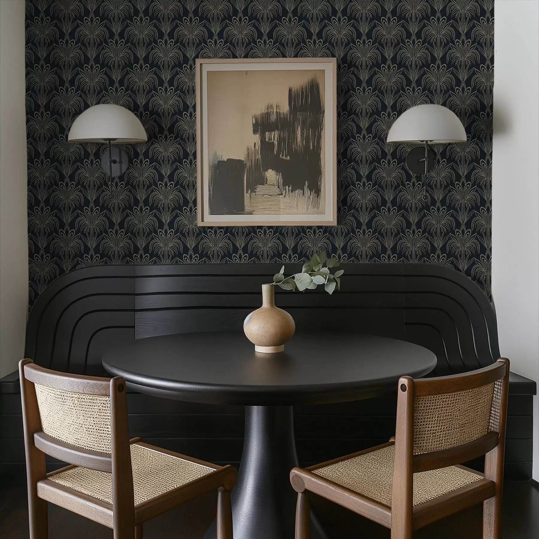 Valokuvatapetti Tumma art deco -koriste tyylitellyillä kasveilla a01065