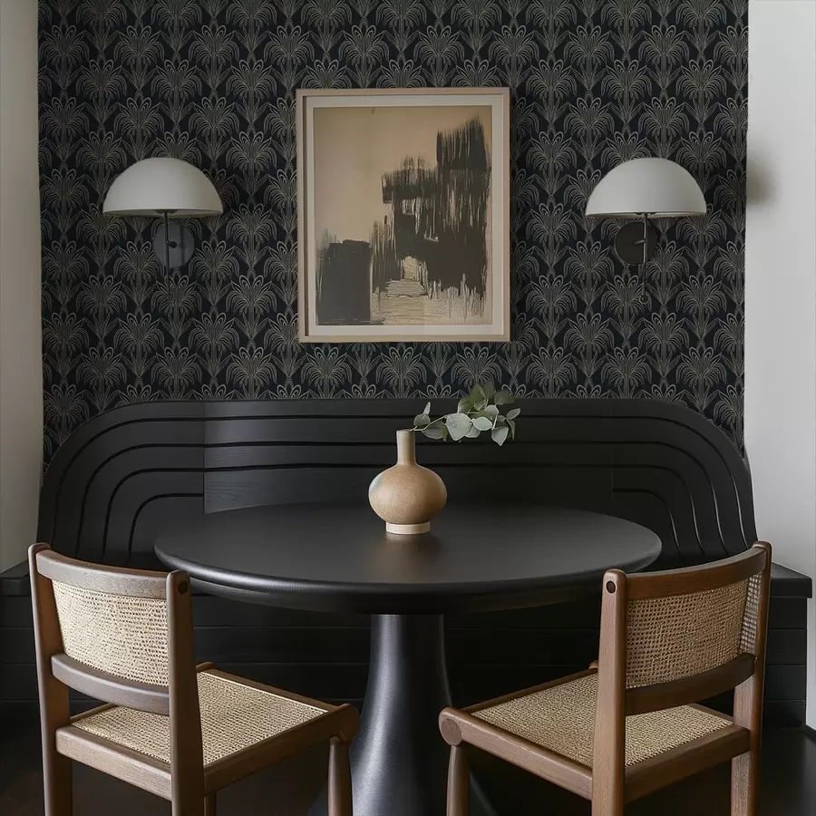 Valokuvatapetti Tumma art deco -koriste tyylitellyillä kasveilla a01065