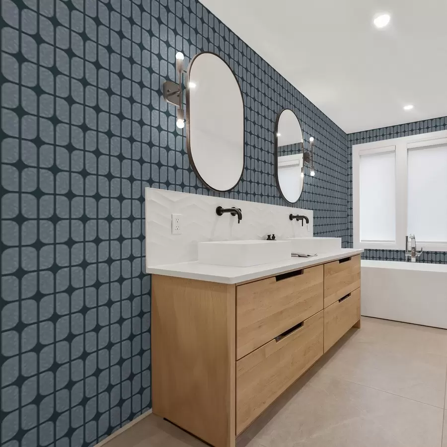 Valokuvatapetti Tummansininen tausta, jossa harmaa mosaiikki pyöristetyistä laatoista a01068v1