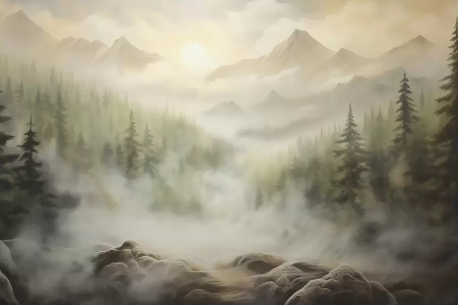 Valokuvatapetti Metsä sumussa vuorten taustalla w04730