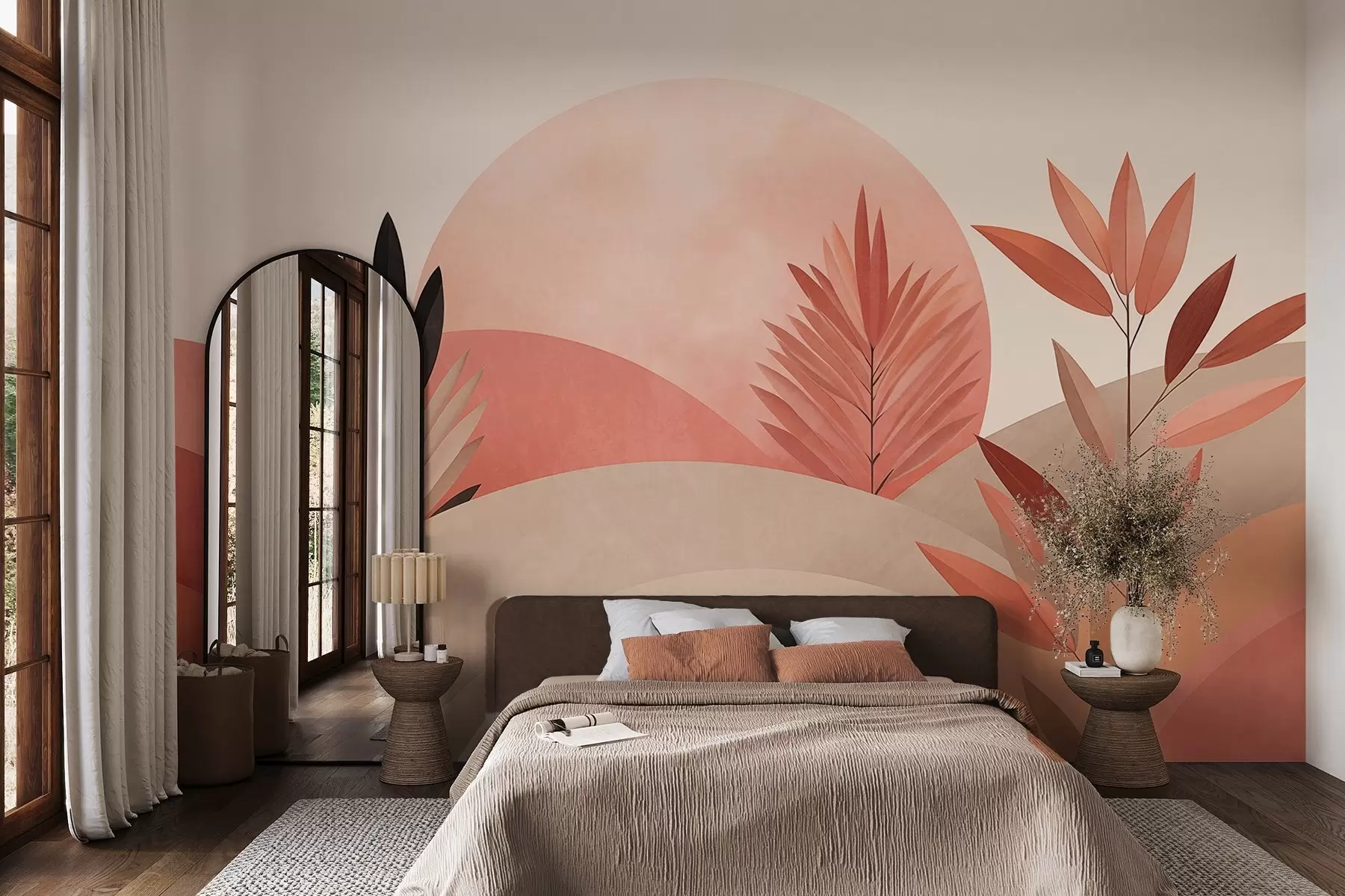 Valokuvatapetti Abstrakti boho-maisema, aurinko kumpuilevien kukkuloiden takana, kasvit etualalla, minimalistinen, teksturoitu, hillityt värit w09608