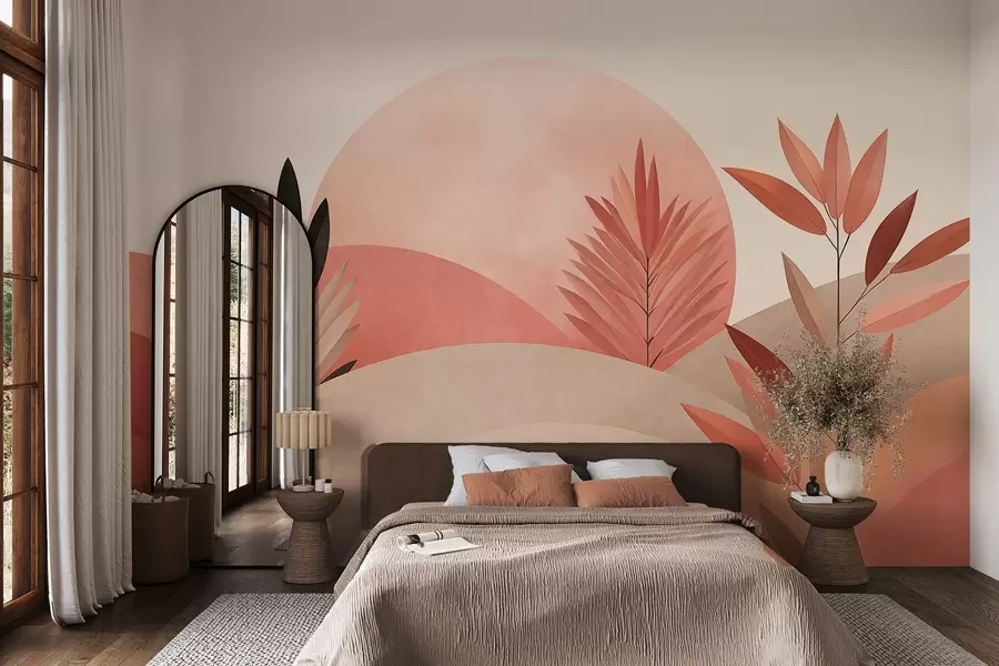 Valokuvatapetti Abstrakti boho-maisema, aurinko kumpuilevien kukkuloiden takana, kasvit etualalla, minimalistinen, teksturoitu, hillityt värit w09608