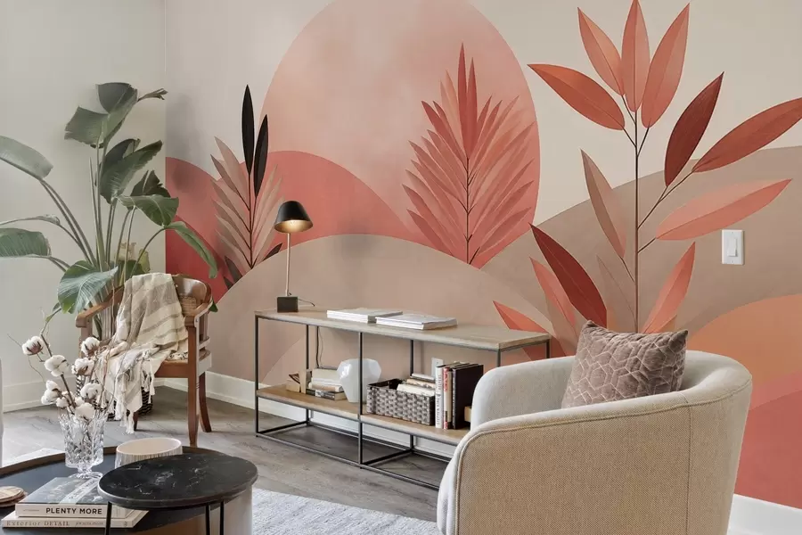 Valokuvatapetti Abstrakti boho-maisema, aurinko kumpuilevien kukkuloiden takana, kasvit etualalla, minimalistinen, teksturoitu, hillityt värit w09608