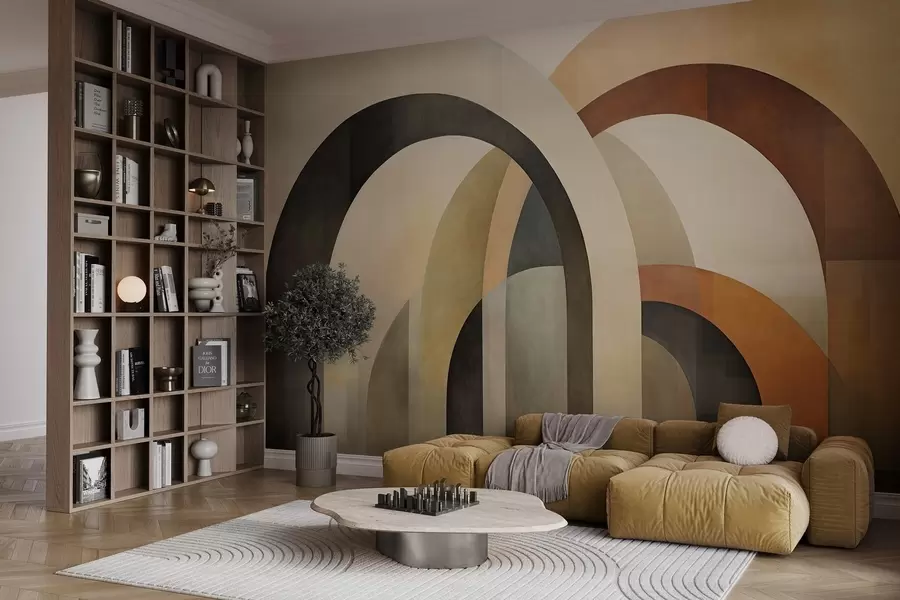 Valokuvatapetti Abstrakti, teksturoitu geometrinen kaari maanläheisissä beige-, ruskea- ja harmaasävyissä, kerroksellinen moderni arkkitehtoninen muotoilu. w09611