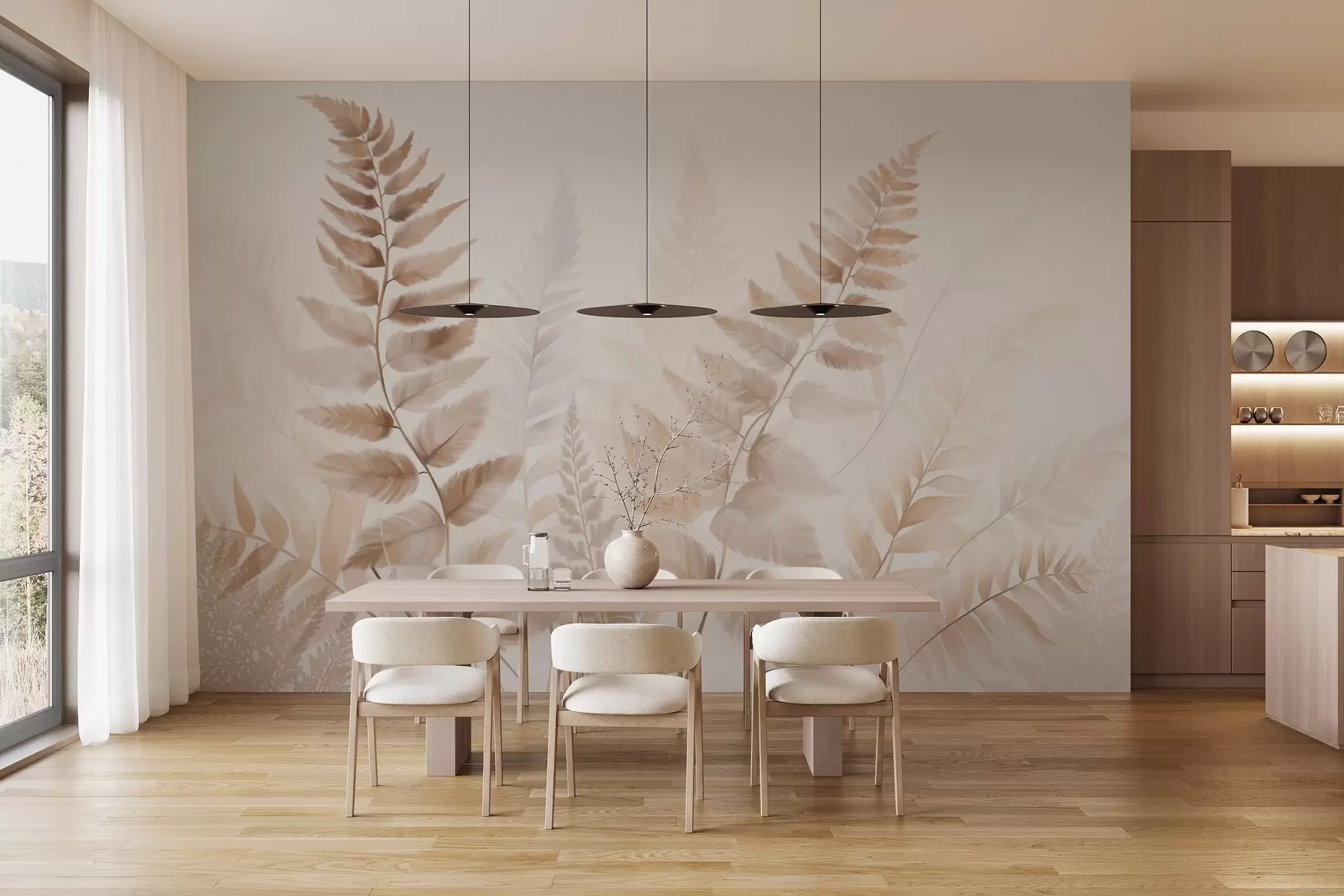 Valokuvatapetti Teksturoidut kuivatut saniaislehtien eri ruskean sävyt, pehmeä, vaalea tausta vesiväri-tyylillä w09615