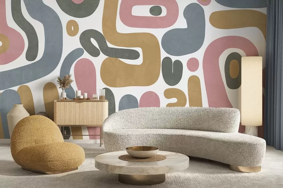 Valokuvatapetti Abstraktit teksturoidut muodot pastellinpunaisella, hillityllä sinisellä, sinapinkeltaisella ja harmaalla valkoisella taustalla moderni taide w09620