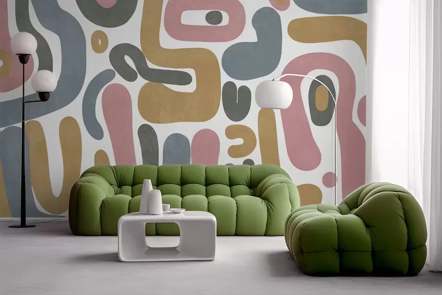 Valokuvatapetti Abstraktit teksturoidut muodot pastellinpunaisella, hillityllä sinisellä, sinapinkeltaisella ja harmaalla valkoisella taustalla moderni taide w09620