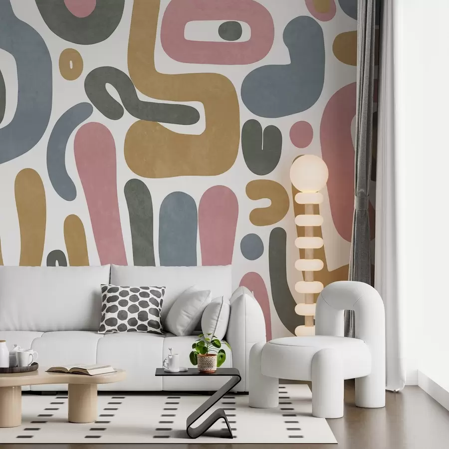 Valokuvatapetti Abstraktit teksturoidut muodot pastellinpunaisella, hillityllä sinisellä, sinapinkeltaisella ja harmaalla valkoisella taustalla moderni taide w09620