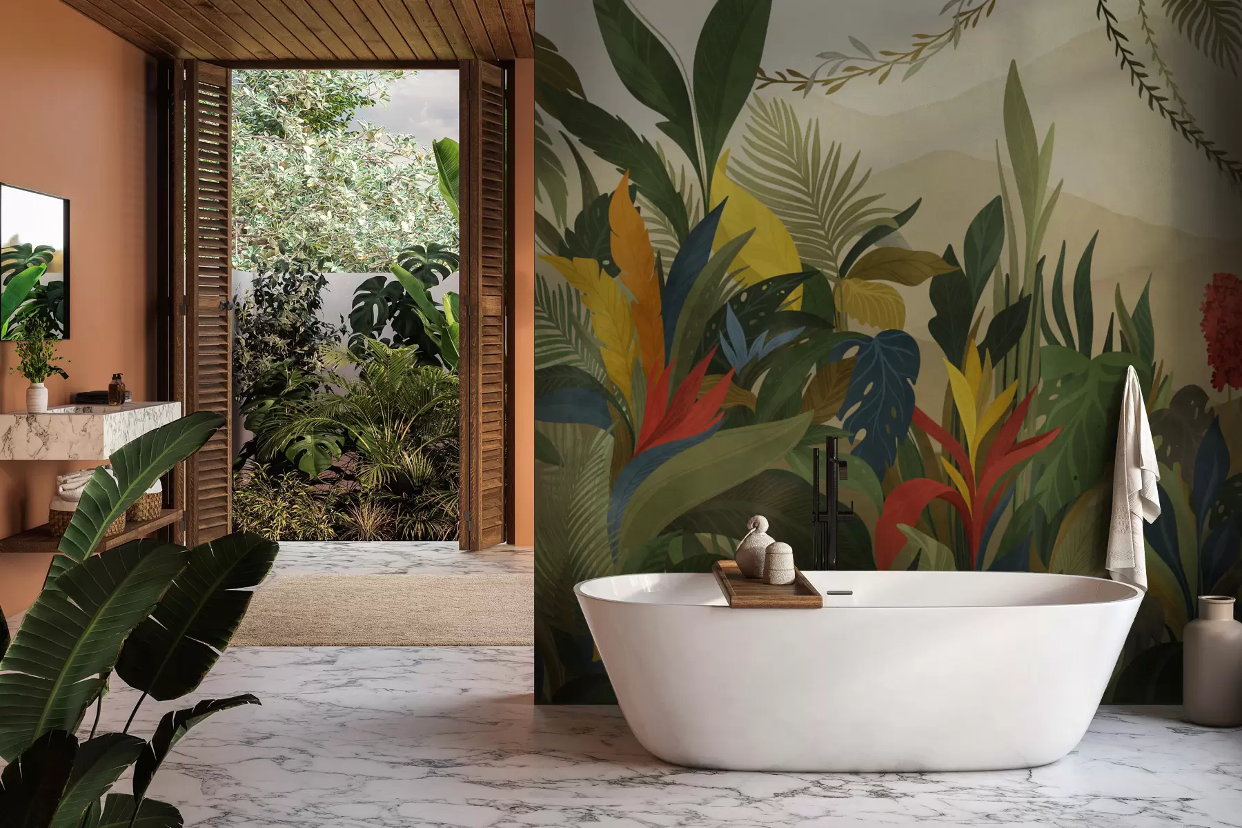 Valokuvatapetti Trooppinen kasvillisuus, jossa on suuret lehdet ja kukat w05019