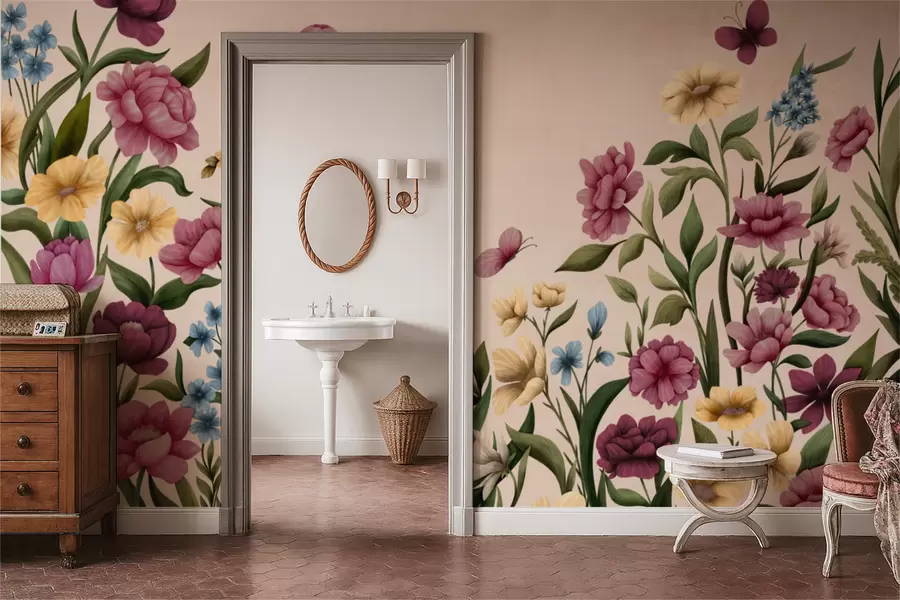 Valokuvatapetti Kukkakompositiota kasveilla ja perhosilla vaalealla taustalla w05072