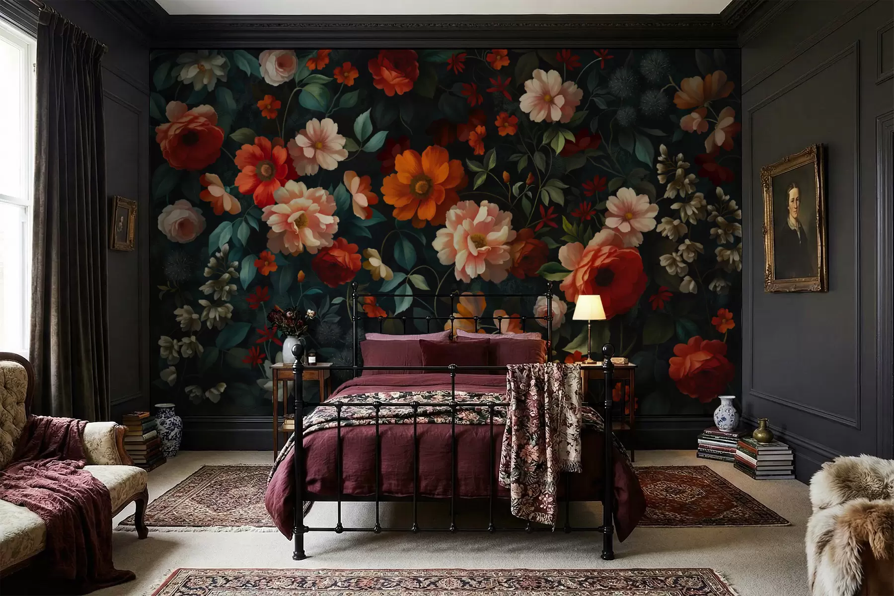 Valokuvatapetti Tumma kukkakuvio, jossa on reheviä puutarhakukkia w05087