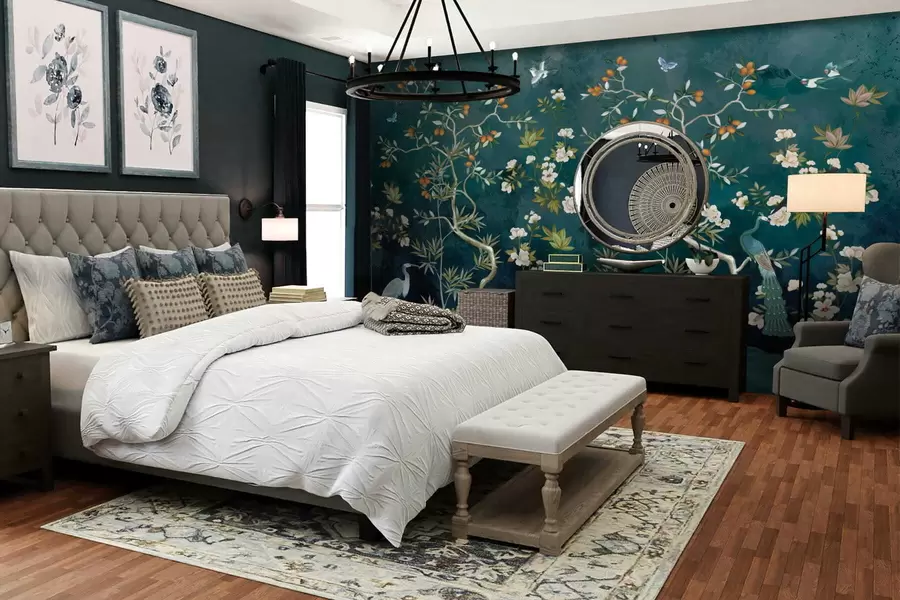 Valokuvatapetti Koristeellinen kohtaus, jossa on puita, kukkia ja lintuja tummalla taustalla w05004