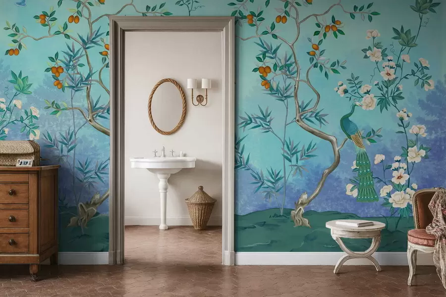 Valokuvatapetti Kohtaus, jossa on puita, kukkia ja lintuja, sininen tausta w05004v2