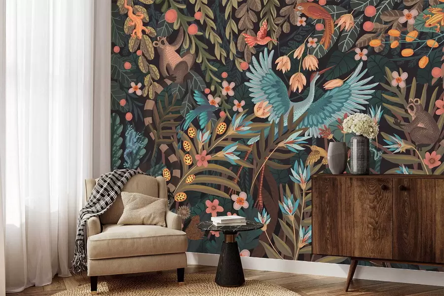 Valokuvatapetti Fantasiakohtaus, jossa lintuja ja eläimiä kasvien keskellä w05024