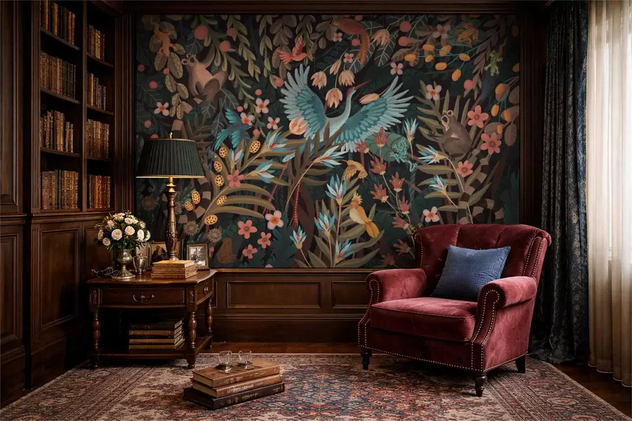 Valokuvatapetti Fantasiakohtaus, jossa lintuja ja eläimiä kasvien keskellä w05024