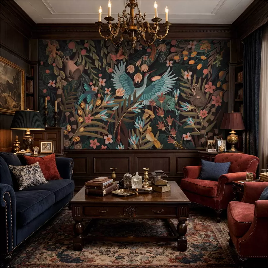 Valokuvatapetti Fantasiakohtaus, jossa lintuja ja eläimiä kasvien keskellä w05024