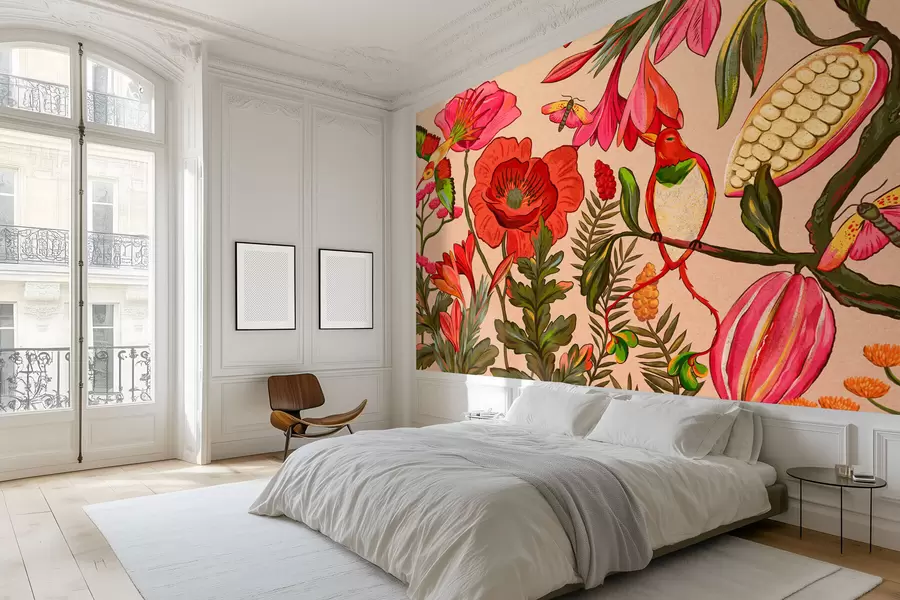 Valokuvatapetti Koristeelliset kukat ja linnut beige-värisellä taustalla w05036