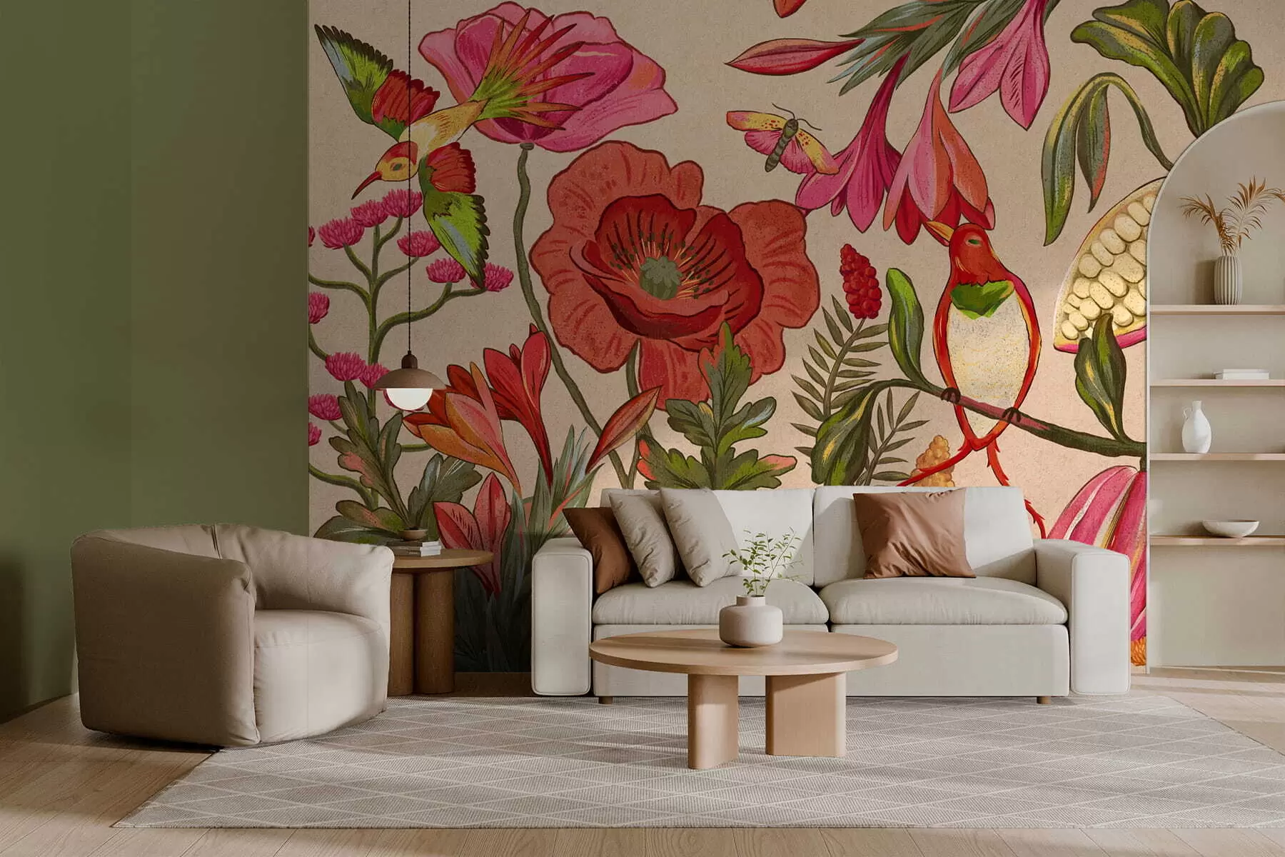 Valokuvatapetti Koristeelliset kukat ja linnut beige-värisellä taustalla w05036