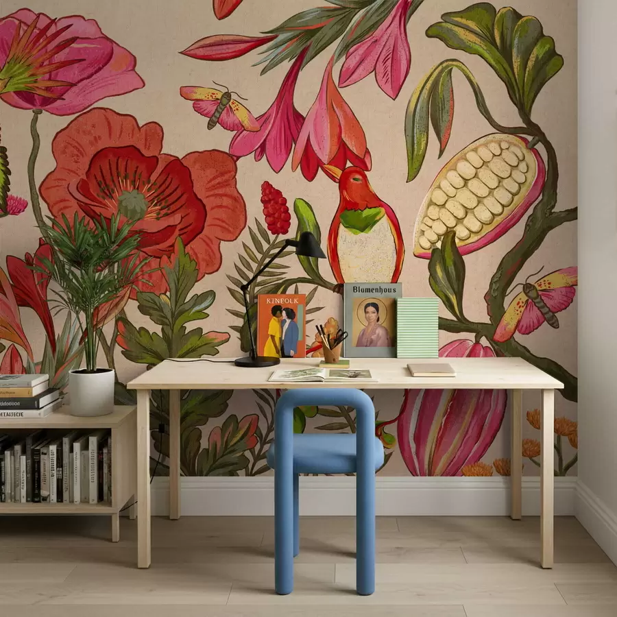 Valokuvatapetti Koristeelliset kukat ja linnut beige-värisellä taustalla w05036