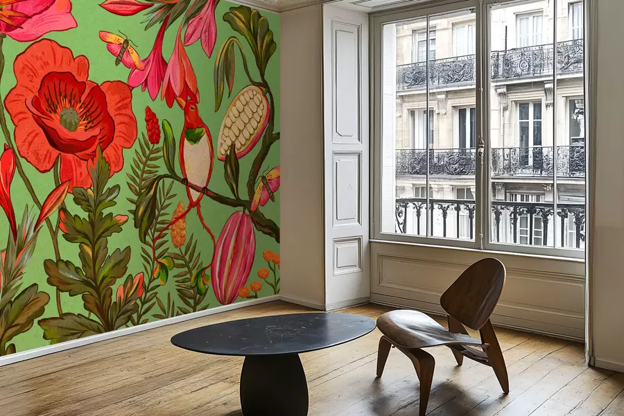 Valokuvatapetti Koristeelliset kukat ja linnut vihreällä taustalla w05036v1