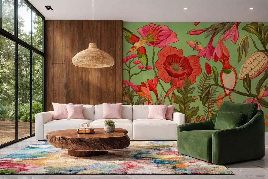 Valokuvatapetti Koristeelliset kukat ja linnut vihreällä taustalla w05036v1