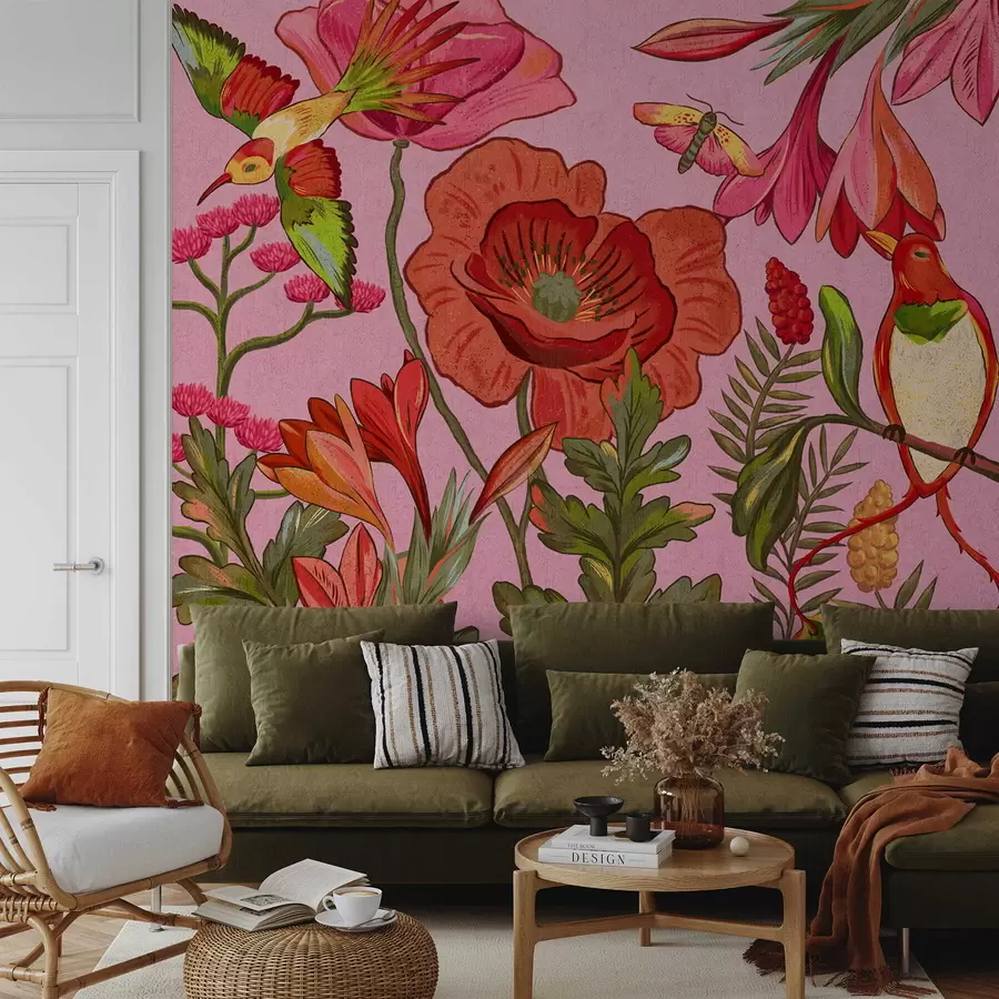 Valokuvatapetti Koristeelliset kukat ja linnut vaaleanpunaisella taustalla w05036v2