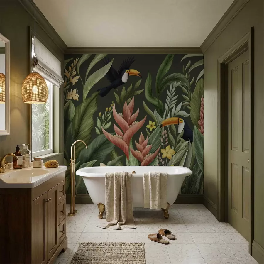 Valokuvatapetti Trooppinen lehtien ja suurinokkaisten lintujen tumma tausta w05088