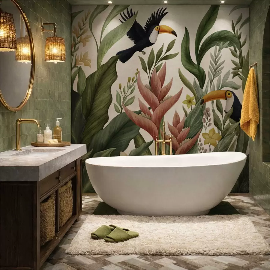 Valokuvatapetti Trooppiset kasvit ja suurinokkaiset linnut vaalealla taustalla w05088v1