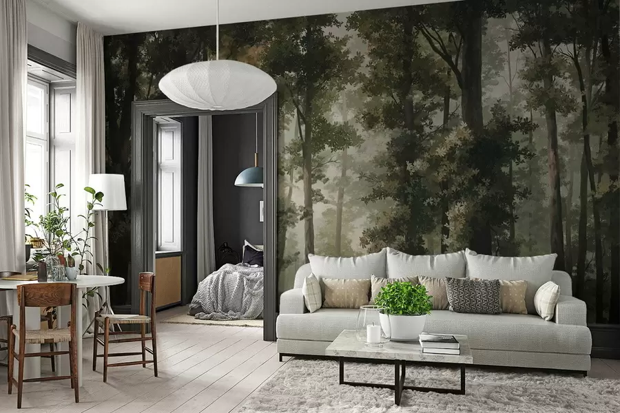 Valokuvatapetti Metsäkuva, jossa on sumua, korkeita puita ja polku w05089