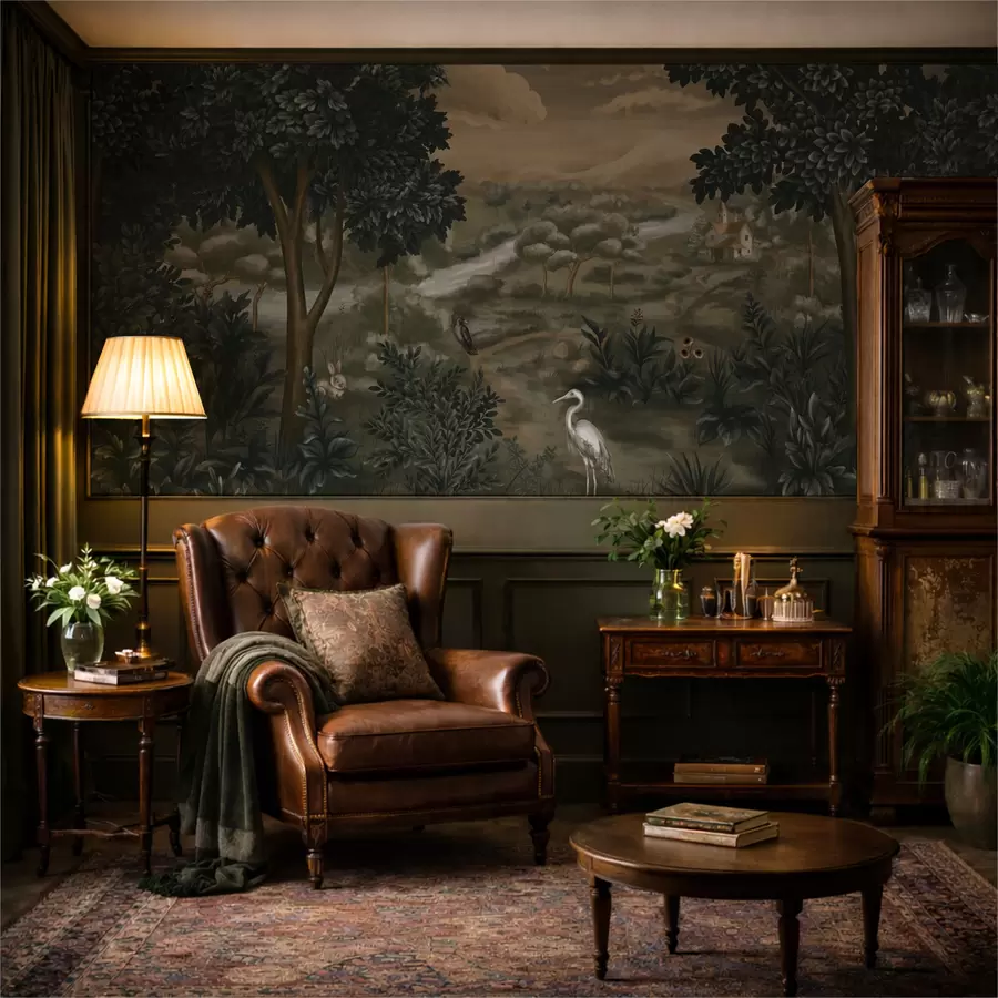 Valokuvatapetti Fantasiamaisema, jossa on joki, talo ja lintuja puiden keskellä w05090