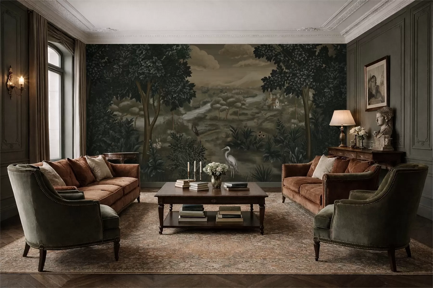 Valokuvatapetti Fantasiamaisema, jossa on joki, talo ja lintuja puiden keskellä w05090