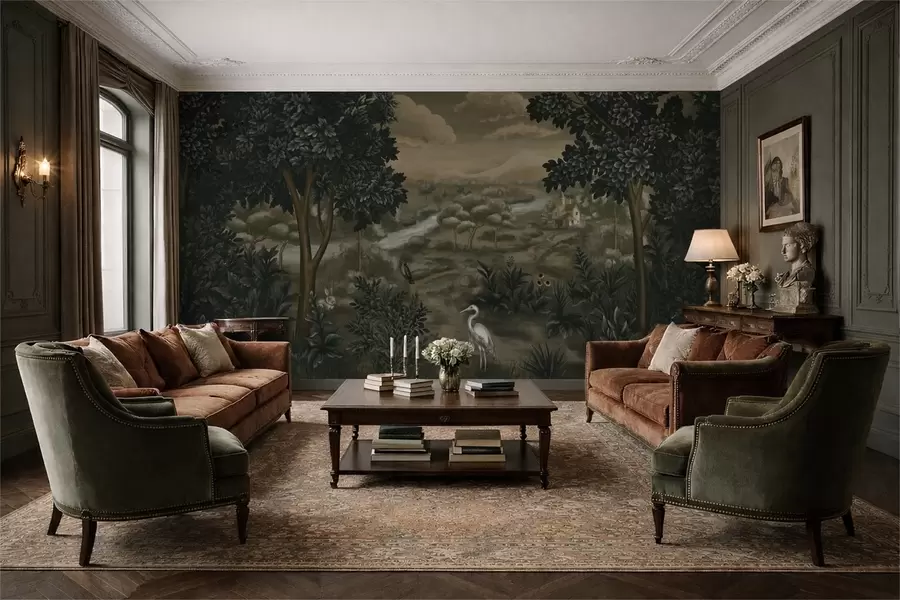 Valokuvatapetti Fantasiamaisema, jossa on joki, talo ja lintuja puiden keskellä w05090