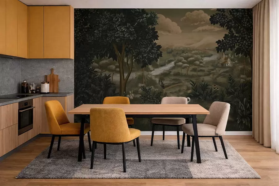 Valokuvatapetti Fantasiamaisema, jossa on joki, talo ja lintuja puiden keskellä w05090