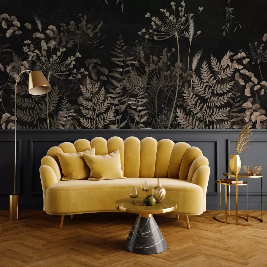 Valokuvatapetti Tumma kasvitieteellinen kuvio, jossa on kukkia ja lehtiä w05092