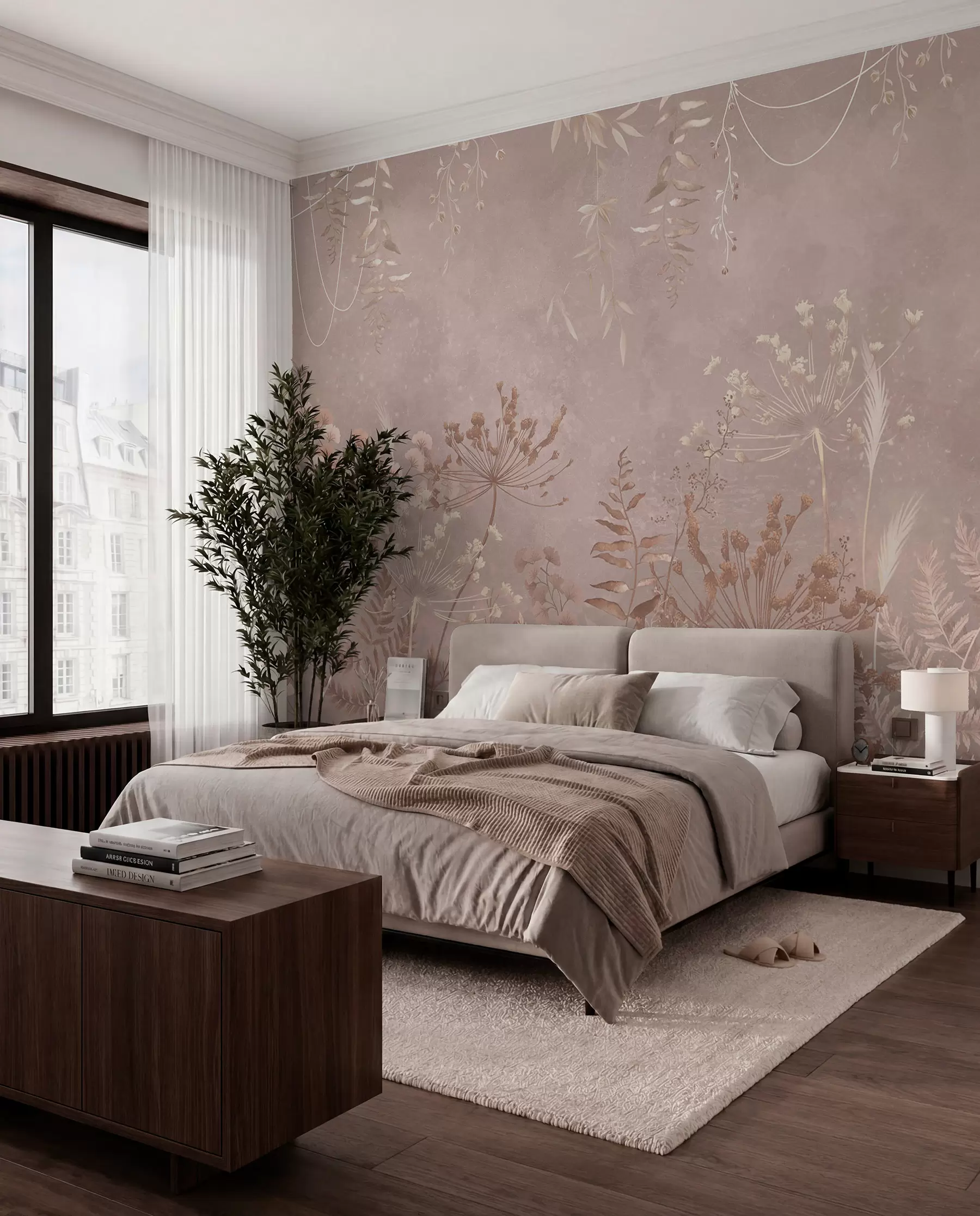 Valokuvatapetti Pehmeä beige kasvi-kuvio, jossa on luonnonkukkia w05092v2