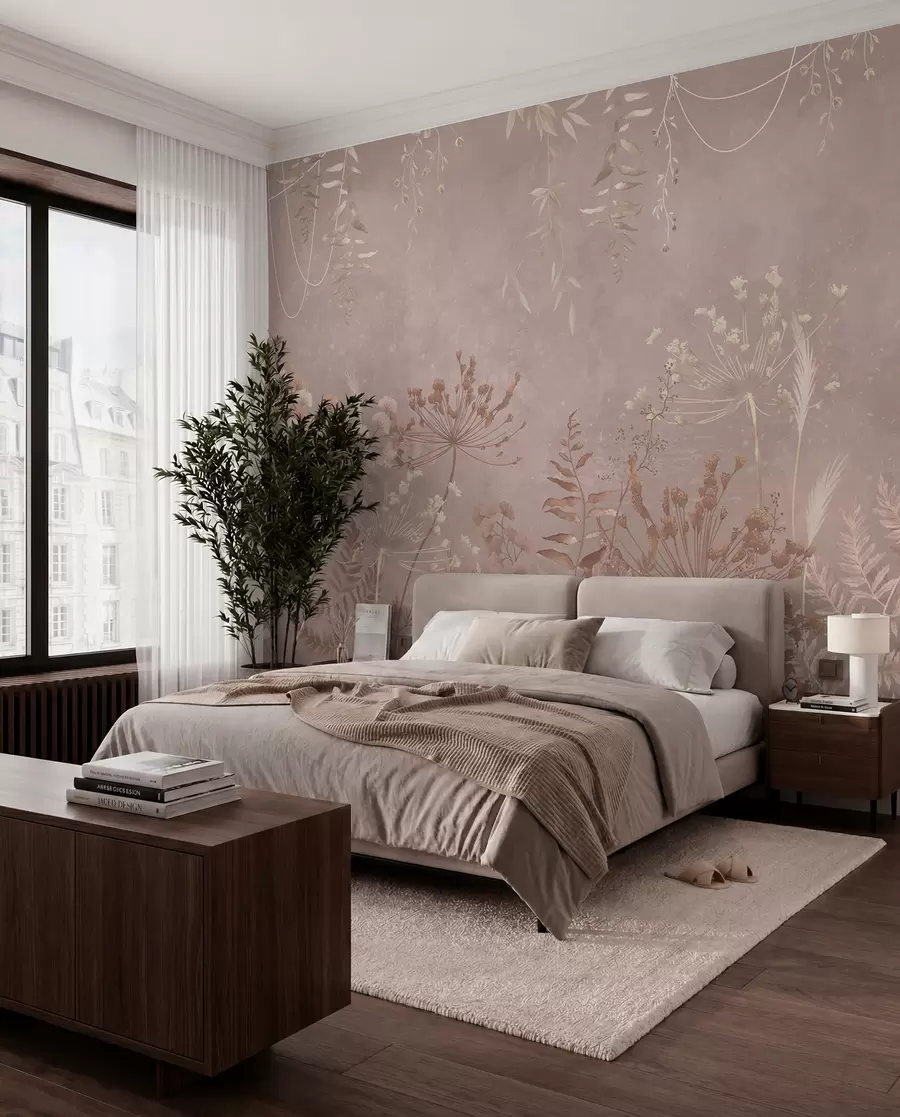 Valokuvatapetti Pehmeä beige kasvi-kuvio, jossa on luonnonkukkia w05092v2