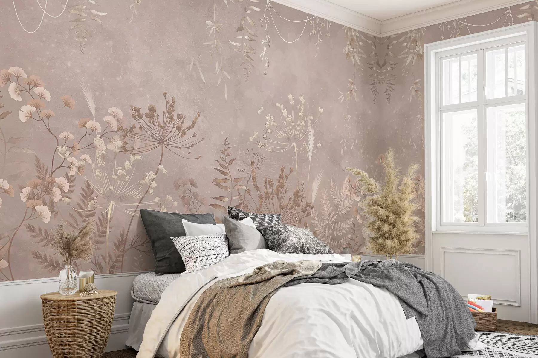 Valokuvatapetti Pehmeä beige kasvi-kuvio, jossa on luonnonkukkia w05092v2
