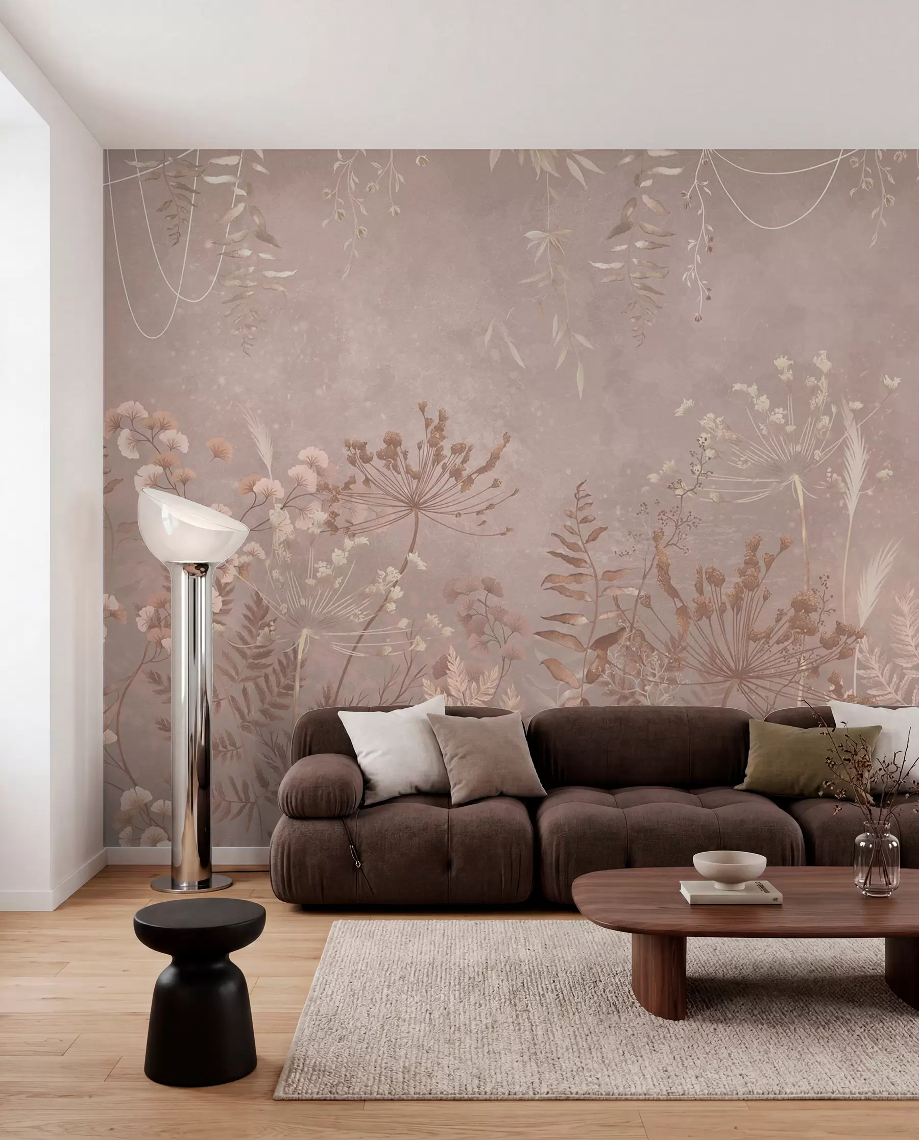 Valokuvatapetti Pehmeä beige kasvi-kuvio, jossa on luonnonkukkia w05092v2
