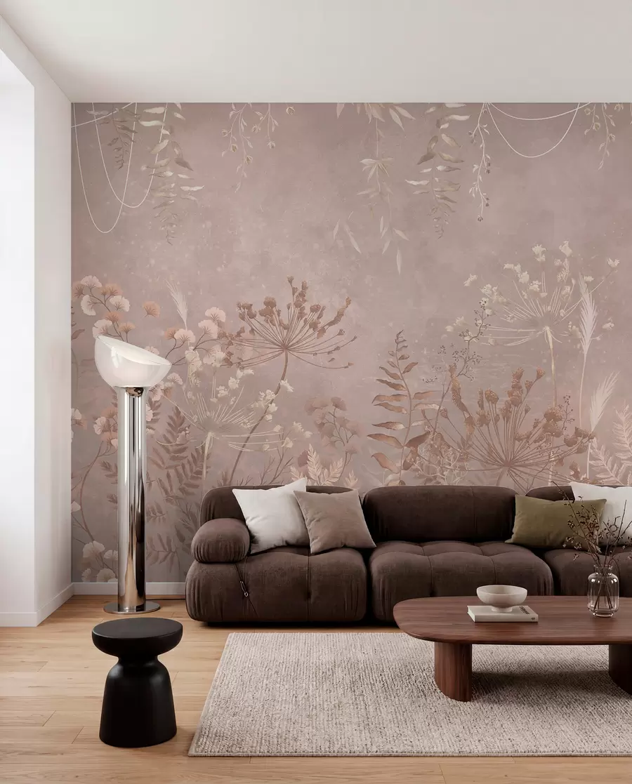 Valokuvatapetti Pehmeä beige kasvi-kuvio, jossa on luonnonkukkia w05092v2