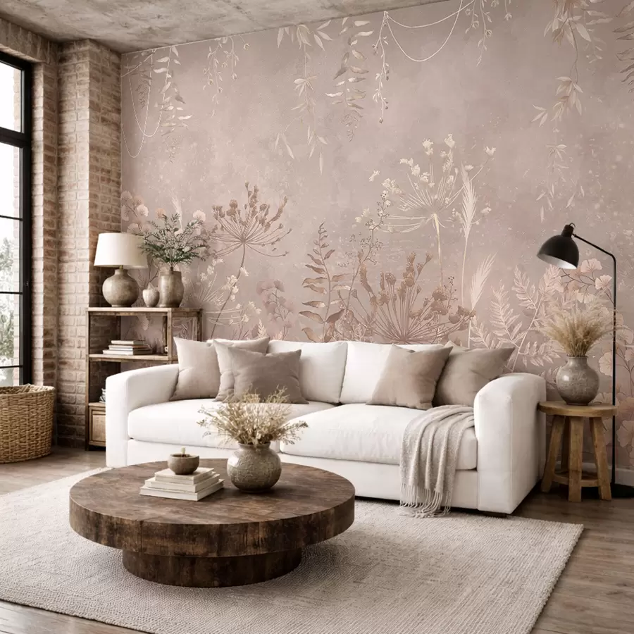 Valokuvatapetti Pehmeä beige kasvi-kuvio, jossa on luonnonkukkia w05092v2