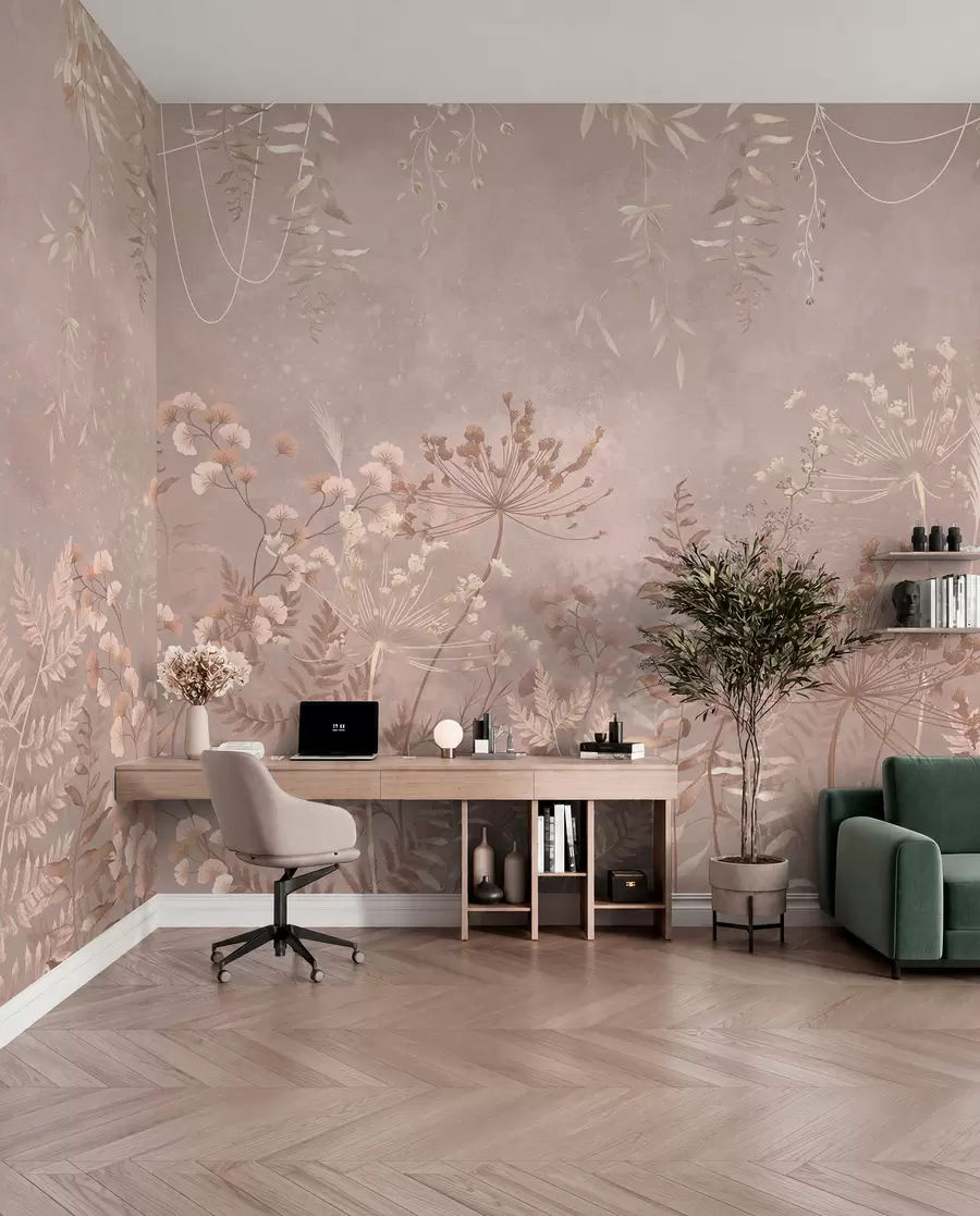 Valokuvatapetti Pehmeä beige kasvi-kuvio, jossa on luonnonkukkia w05092v2