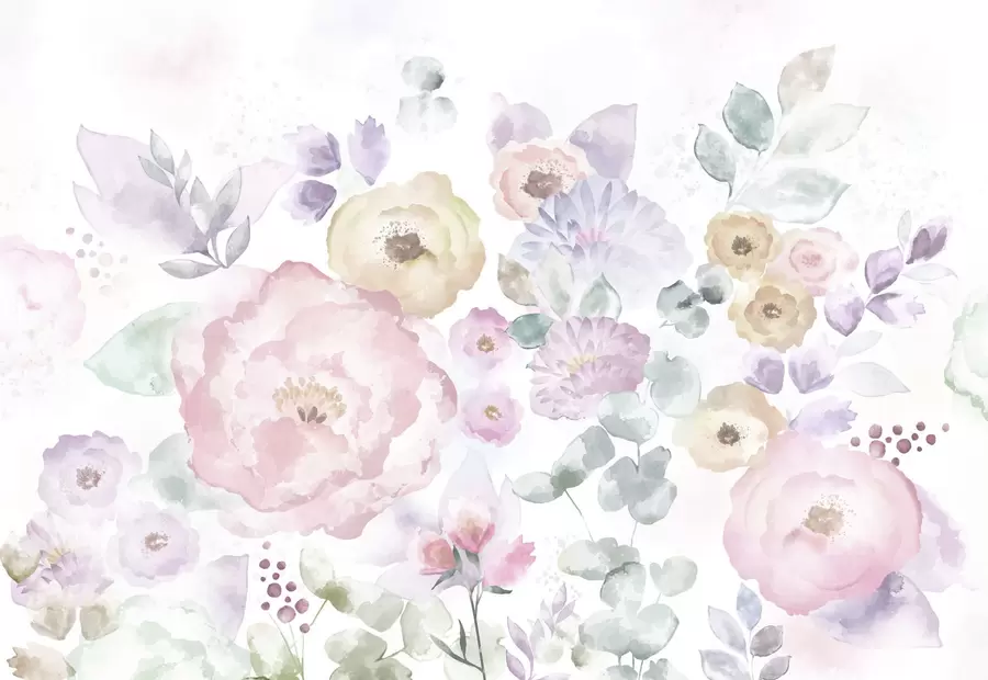 Valokuvatapetti Pehmeä vesivärimaalaus, jossa on kukkia ja lehtiä w05093