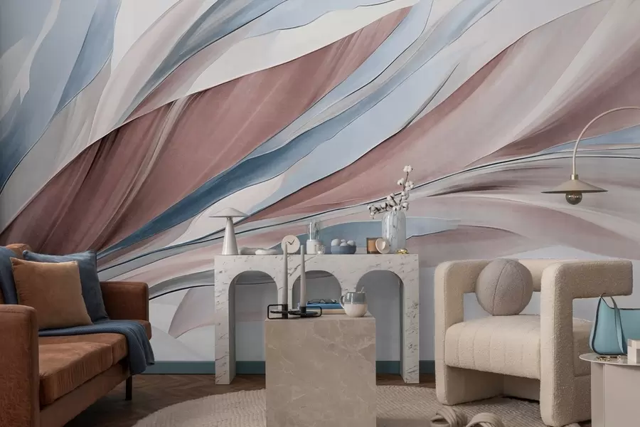 Valokuvatapetti Abstrakti virtaava sininen ja ruskea aalto, ohuilla muodoilla ja viivoilla, valkoisella taustalla, teksturoitu taide w09585v1