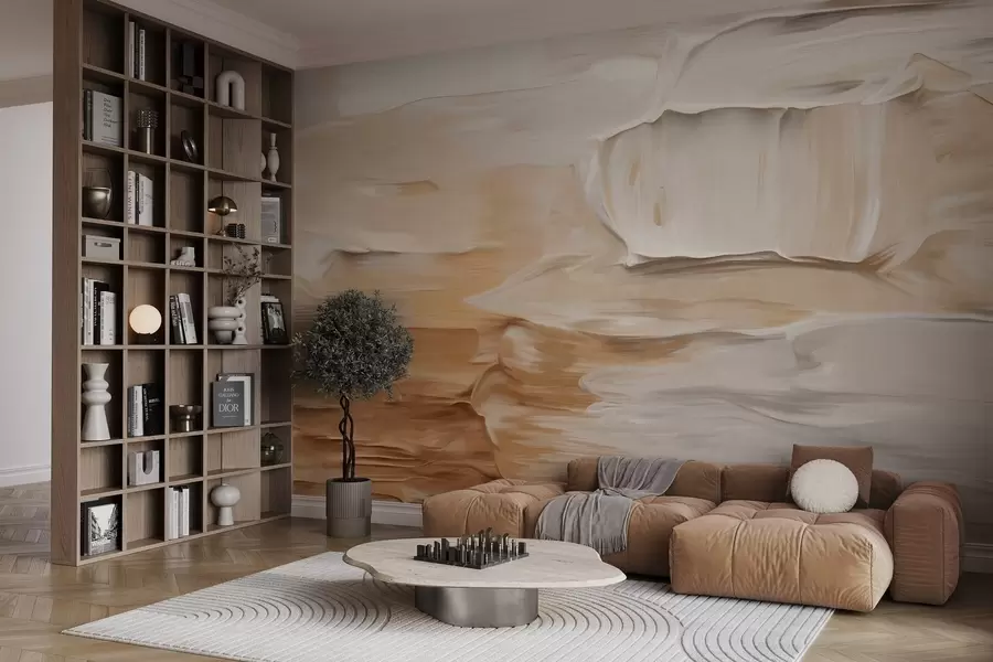 Valokuvatapetti Abstrakti teksturoitujen siveltimenvetojen jäljitelmä lämpimissä maanläheisissä beige-, kerma- ja ruskean sävyissä, moderni taide w09588